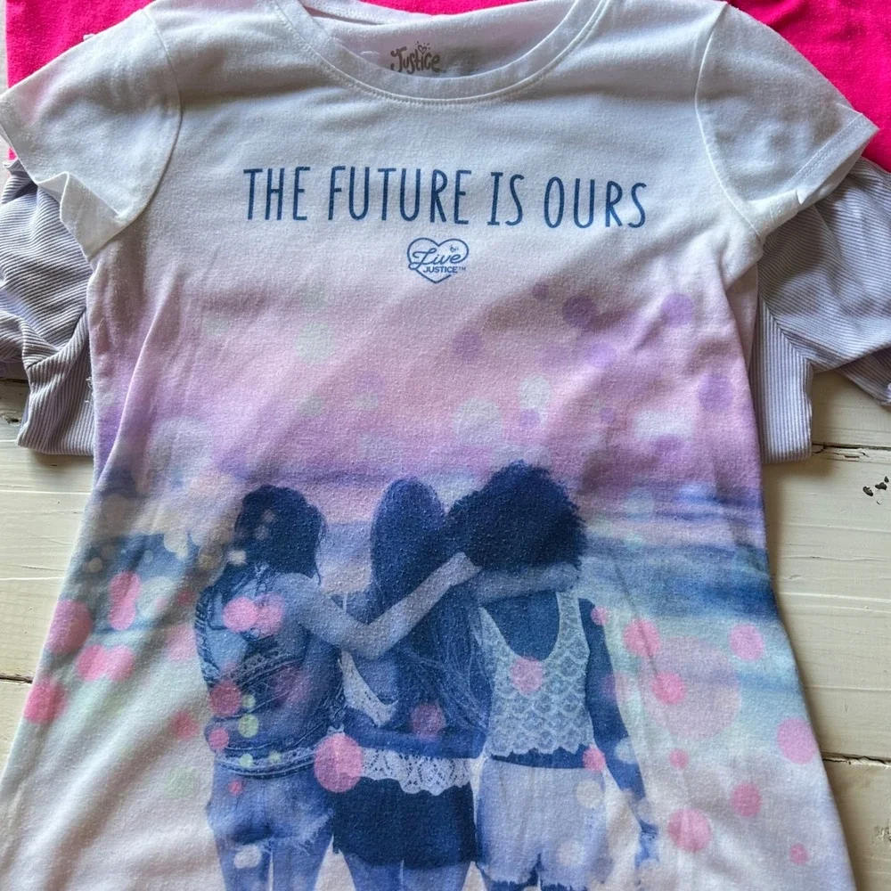 Girls Top Bundle Justice Jerzees Pink Purple Graphic Tee Ribbed Rose Size 10-12